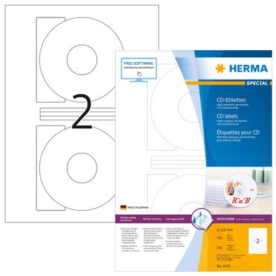 Herma Etiketten CD Maxi permanent Ø 116/41 mm weiss 100 Bl 200 Etik