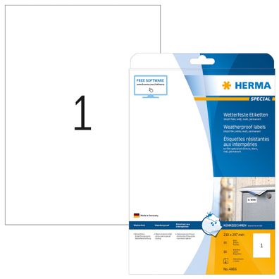 Wetterfeste Inkjet-Etiketten A4, 210 x 297 mm, weiß, permanent haftend