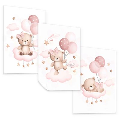Muralo Poster Set für Kinderzimmer Teddybären Ballons Wolken Sterne Deko Poster