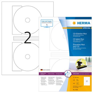 Herma Etiketten CD Maxi permanent Ø 116/18,5 mm weiss 100 Bl 200 Etik