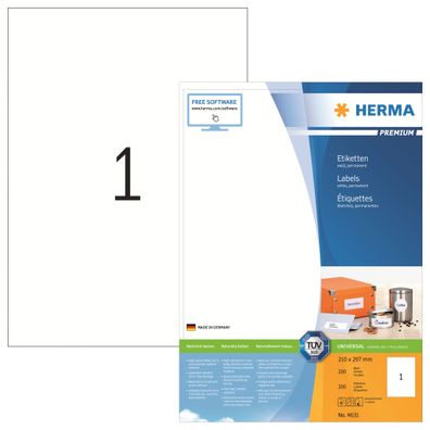 Herma Etiketten permanent 210 x 297 mm weiss Premium 200 Bl 2000 Etik
