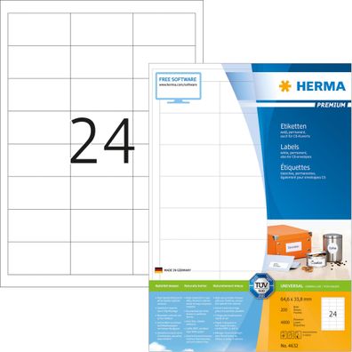 Herma Etiketten permanent 64,6 x 33,8 mm weiss Premium 200 Bl 800 Etik
