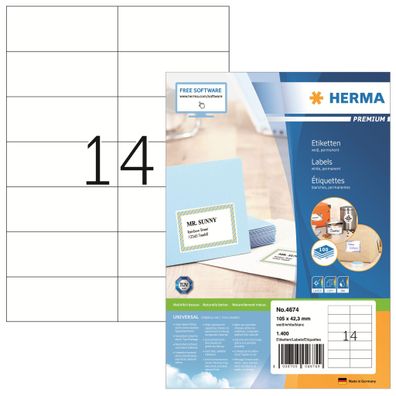 Herma Etiketten permanent 105 x 42,3 mm weiss Premium 100 Bl 400 Etik