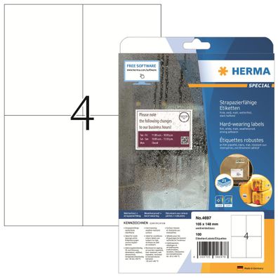 HERMA Folienetikett Special 105 x 148 mm (B x H) weiß 100 Etik./Pack