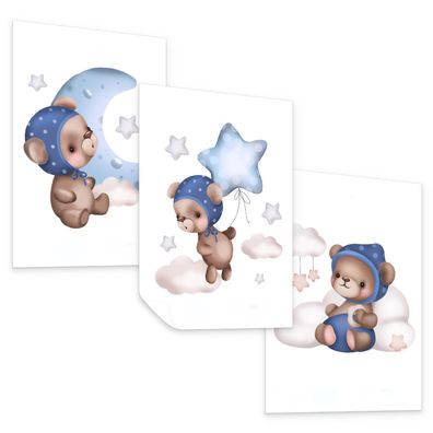 Muralo Poster Set für Kinderzimmer Teddybären Mond Wolken Sterne Deko Posters