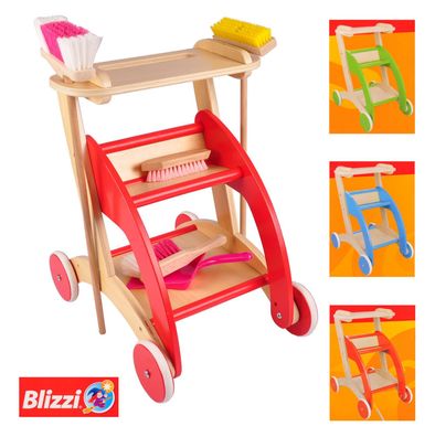 Blizzi Holz Kinder Spielzeug Putzwagen mit Besen Handfeger Ziehwagen Trolley