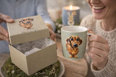 Porzellan-Becher Dog Buddy - Süße Dackel-Tasse 300ml mit Geschenkbox in Grün