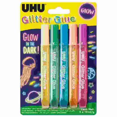UHU Glitter Glue 5x 10 ml 5 Farben Glue Glow in the dark