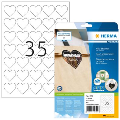 Premium Herz-Etiketten A4, Ø 35 mm, weiß, permanent haftend