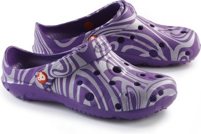 Schu'zz Schuzz Damen Clog Badeschuhe Globule Femme imprimé Argent sur prune / Silber
