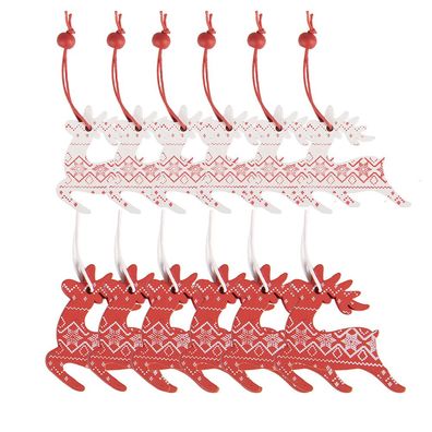 Clayre & Eef Weihnachts-Anhänger 12er-Set Rentier 13x13 cm Rot Holz