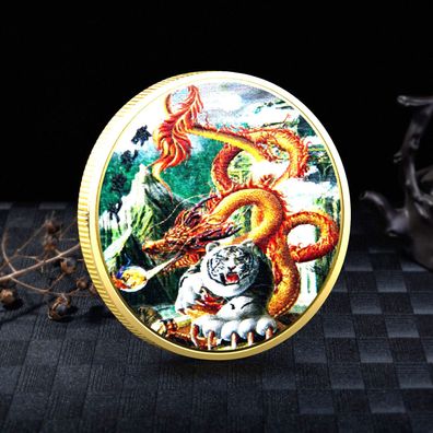 Medaille Glücksbringer Drachen mit Tiger vergoldet (Med280226)