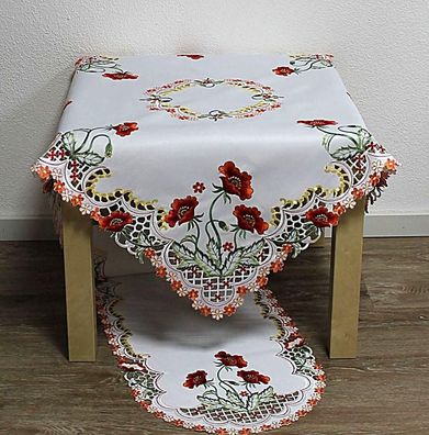 Hossner Mohnblumen Weiß Rot Tischwäsche Bestickt