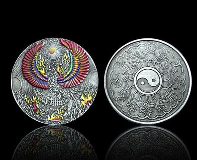Medaille Glücksbringer Goldener Phönix Yin und Yang Rückseite (Med010326)