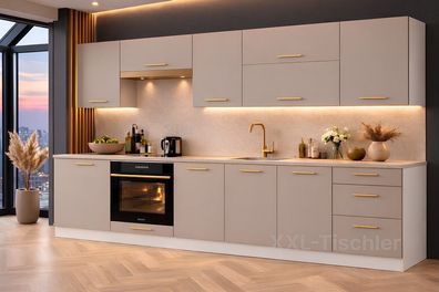 Küchenzeile Linda 300 cm hohe Schränke Kaschmir Matt- Küche 3m, Einbauküche