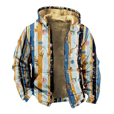 Mens Stripes Flowers Print Winter Fleece Hoodie Zip Jacket Hoody Sweater