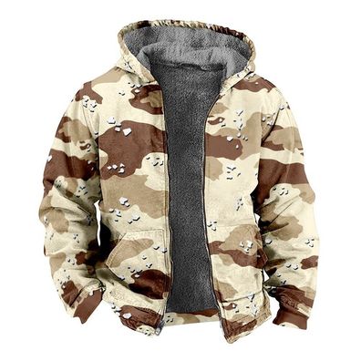 Mens Beige Camouflage Fleece Lined Hoodie Sweater Camo Winter Zip Jacket Soft