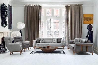 Hellgraue Wohnzimmer Polstergarnitur Designer Sofagarnitur Sessel 4tlg