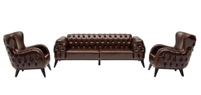 Designer Chesterfield Sofagarnitur Braun Dreisitzer Bequem Sitzgruppe 3 + 1 + 1