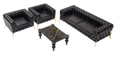 Chesterfield Sofagarnitur Schwarz Sitzgruppe Cochtisch 3 + 1 + 1 Sitzer Art déco