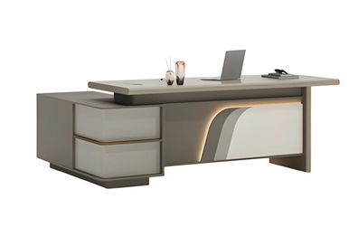 Schreibtisch Beige und Braun mit LED Beleuchtung und Schubladen für Bürodesign