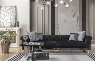 Chesterfield Viersitzig Sofa 4 Sitzer Sofas Schwarz Stoff Luxus Sitz