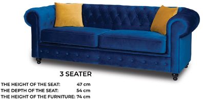 Sofas Polster Sofas 3 Sitz Chesterfield Textil Sofa Blau Designer Neu
