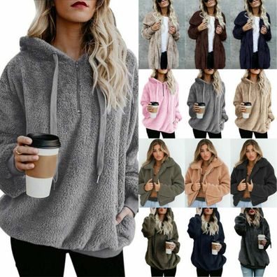 Fleece Teddy Jacke Plusch Hoodie Pulli Winter Mantel Damen Kapuzenjacke Pullover