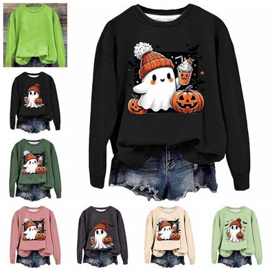 Damen Halloween Hoodies Langarm Kurbis Pumpkin Sweatshirt Casual Crew Neck