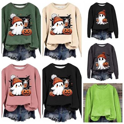 Damen Halloween Hoodies Langarm Sweatshirt Casual Crew Neck Kurbis Pumpkin