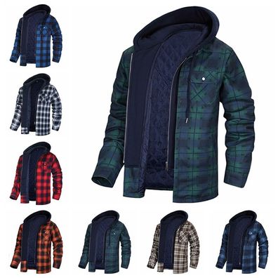 LumberJackeWarm Hoodie Herren Holzfallerhemd Arbeitsjacke Kapuze Plaid Karohemd