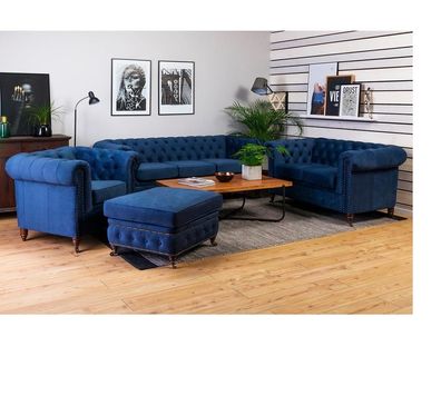 Sofagarnitur 3 + 1 Sitzer Sofas Couch Polster Blaue Garnitur Klassische Couchen