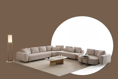 Elegantes Beige U-Form Ecksofa aus Textil und Holz
