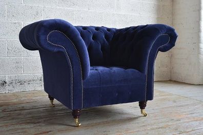 Chesterfield Sessel Fernseh Couch 1Sitzer Sofa Textil Stoff Couchen Polster Blau