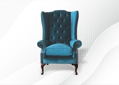 Chesterfield Sessel Blau Textil Stoff Ohrensessel Möbel Wohnzimmer Modern Luxus