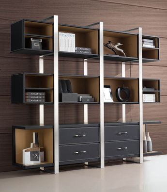 Moderner Wandregal aus MDF und Edelstahl in Schwarz