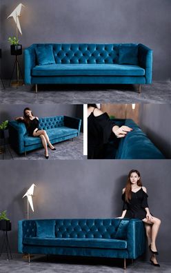 Designer Chesterfield Sofa Textil Blau Couch Polster Sofas Couchen Stoff Textil