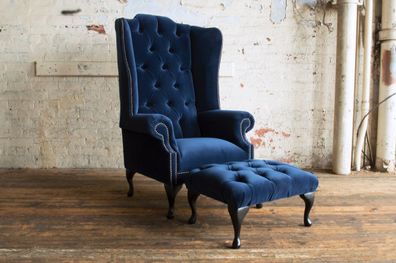 Sessel Fernseh Polster Couch Chesterfield Textil Neu Ohrensessel + Hocker - 357