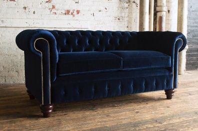 Sofa Luxus Leder Textil Chesterfield Couch Sofas Polster 3 Sitzer Garnitur Blau