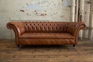 Chesterfield Hellbraun Designer Large 3-Sitzer Sofa Leder Luxus Polstersofas