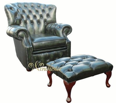 Chesterfield Ohrensessel 1 Sitzer + Hocker Designer Leder Sofa Couchen Neu Grün
