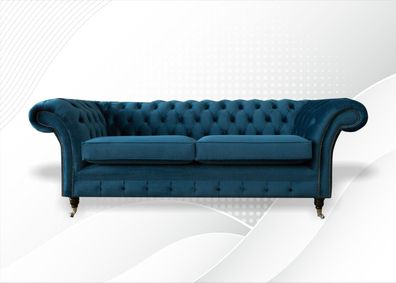 Chesterfield 3 Sitzer Blau Samt Möbel Modern Design Textil Wohnzimmer Couchen