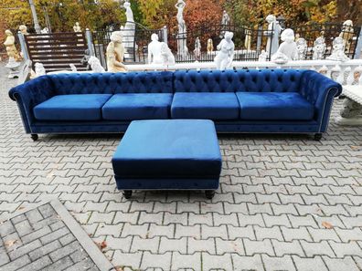Desiger Chesterfield Sofagarnitur Textil Blau 4 m XXL+ Hocker Couch Polster Sofa