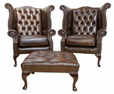 Chesterfield Leder Sessel Set Garnitur Ohrensessel x 2 + Hocker Garnitur Leder