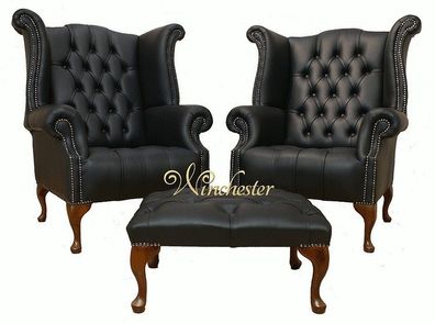 Chesterfield Ohrensessel 2x + Hocker Leder Sofa Set Garnitur Polster Couch Sofas