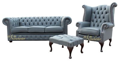 3 Sitzer Couch Ledersofa Chesterfiield + Ohrensessel Hocker 3 tlg. Sofagarnitur