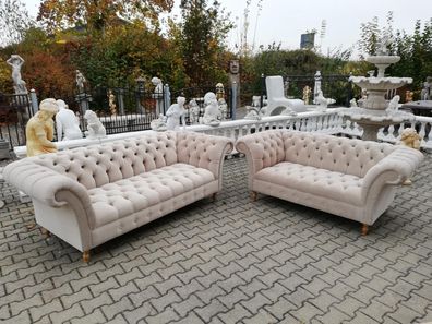 Designer Chesterfield Sofagarnitur Textil Beige 3 + 2 Couch Polster Sitz Sofa Neu