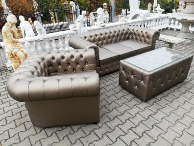 Design Chesterfield Sofagarnitur 3 + 1 + Couchtisch Couch Polster Gold Leder Sofa