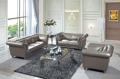 Design Chesterfield Sofagarnitur 3 + 2 + 1 Couch Leder Silver Couch Polster Neu