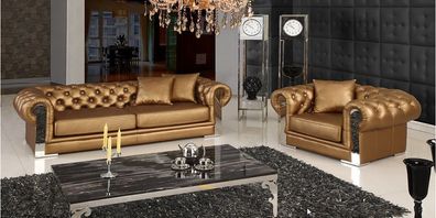 Designer Chesterfield Sofagarnitur 3 + 1 Couch Polster Gold Sofa Garnitur Couchen